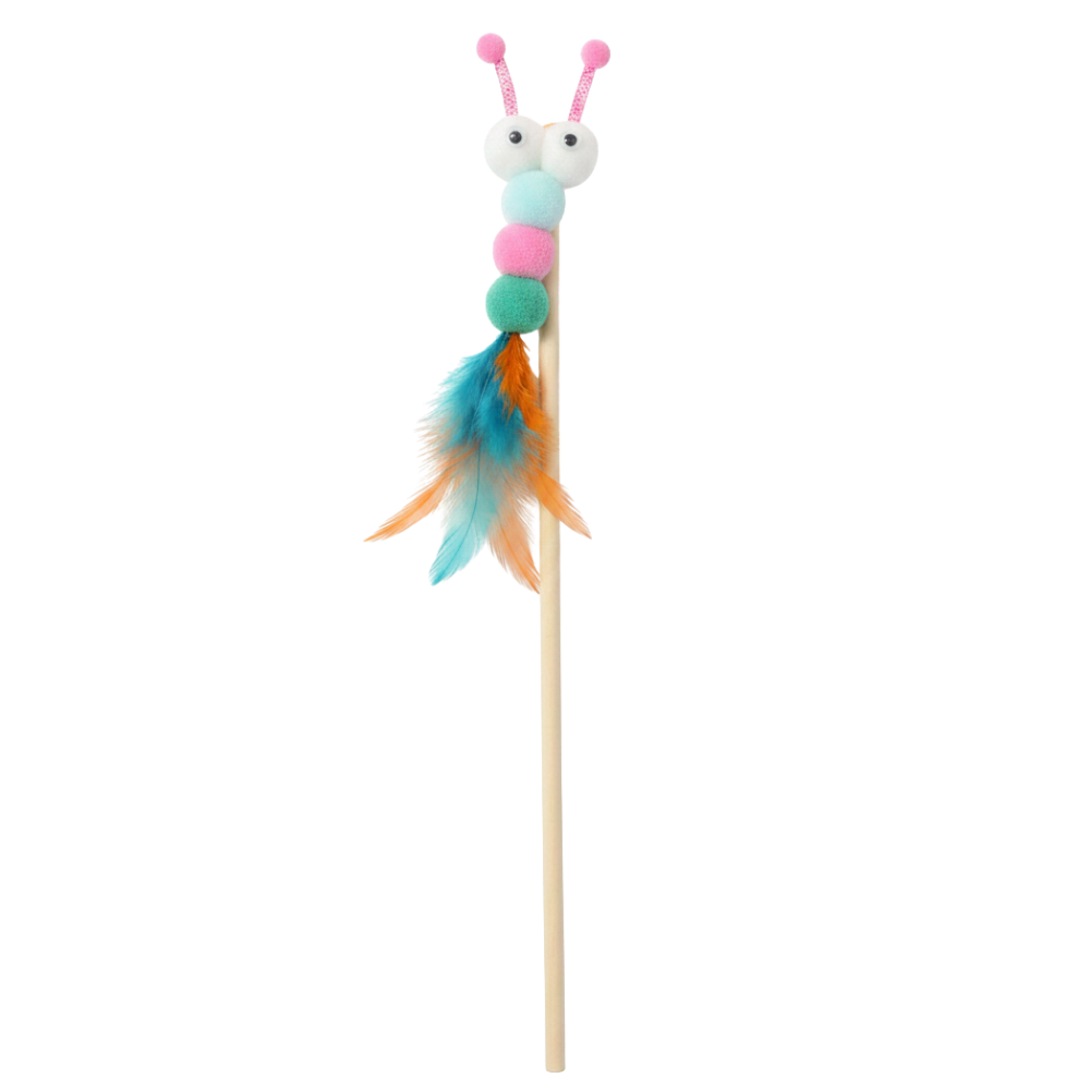 Doby Pet Caterpillar Cat Wand Toy with Pom-Poms & Rainbow Feathers