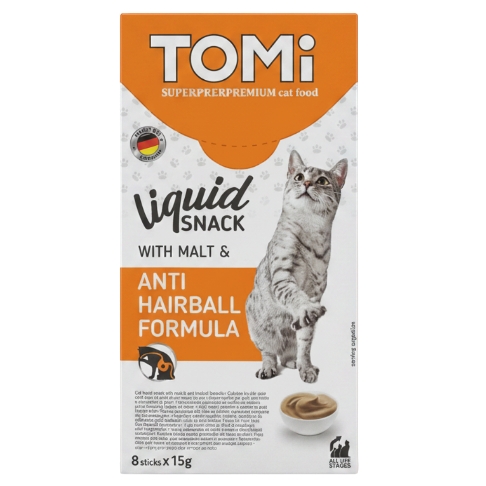 Tomi Super premium Cat Food Liquid Snack Anti Hairball Formula With Malt 8 Sticks * 15 g
