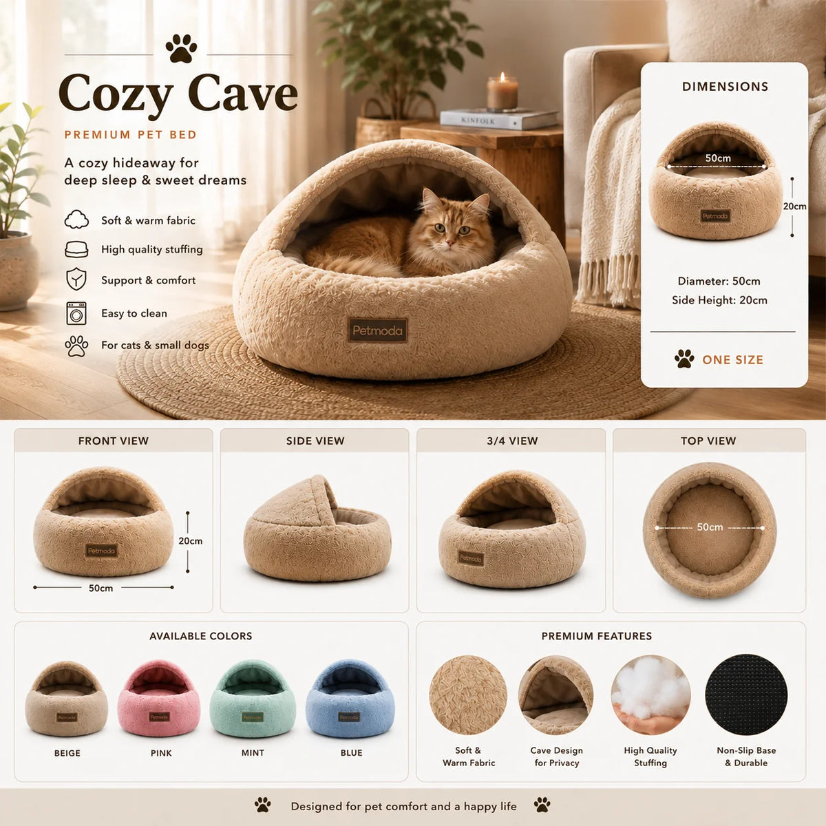 Petmoda Cozy Cave Comfort Bed 45 cm Petfast.shop Petmoda bed Cat Dog Kitten Puppy Supplies petfast.shop Egypt PPE2627S-1 Beige 1449.00