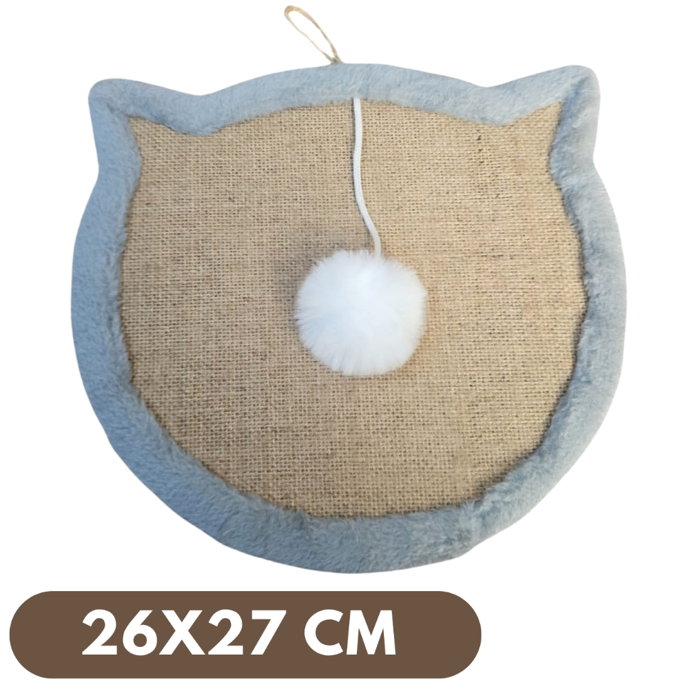 Cat-shaped scratching pad with a white pom-pom on a beige background