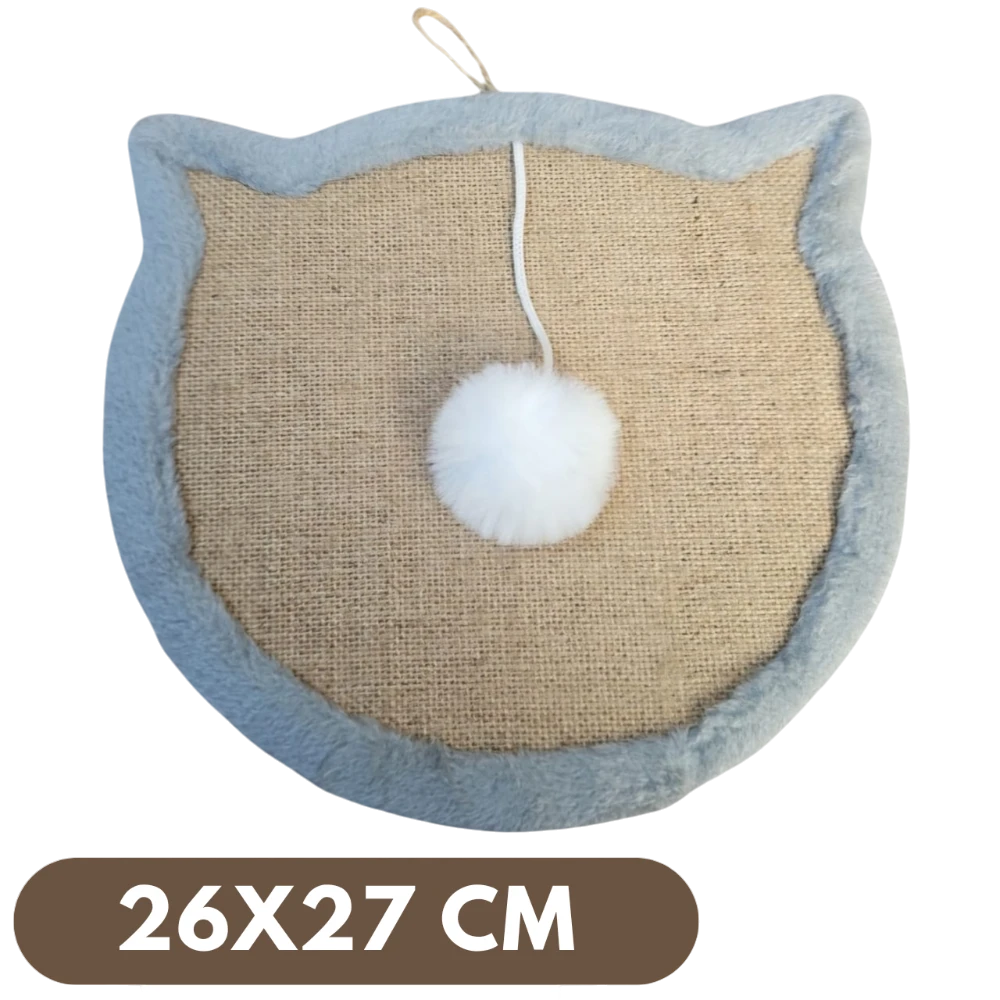 Cat-shaped scratching pad with a white pom-pom on a beige background