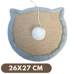Cat-shaped scratching pad with a white pom-pom on a beige background
