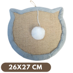 Cat-shaped scratching pad with a white pom-pom on a beige background