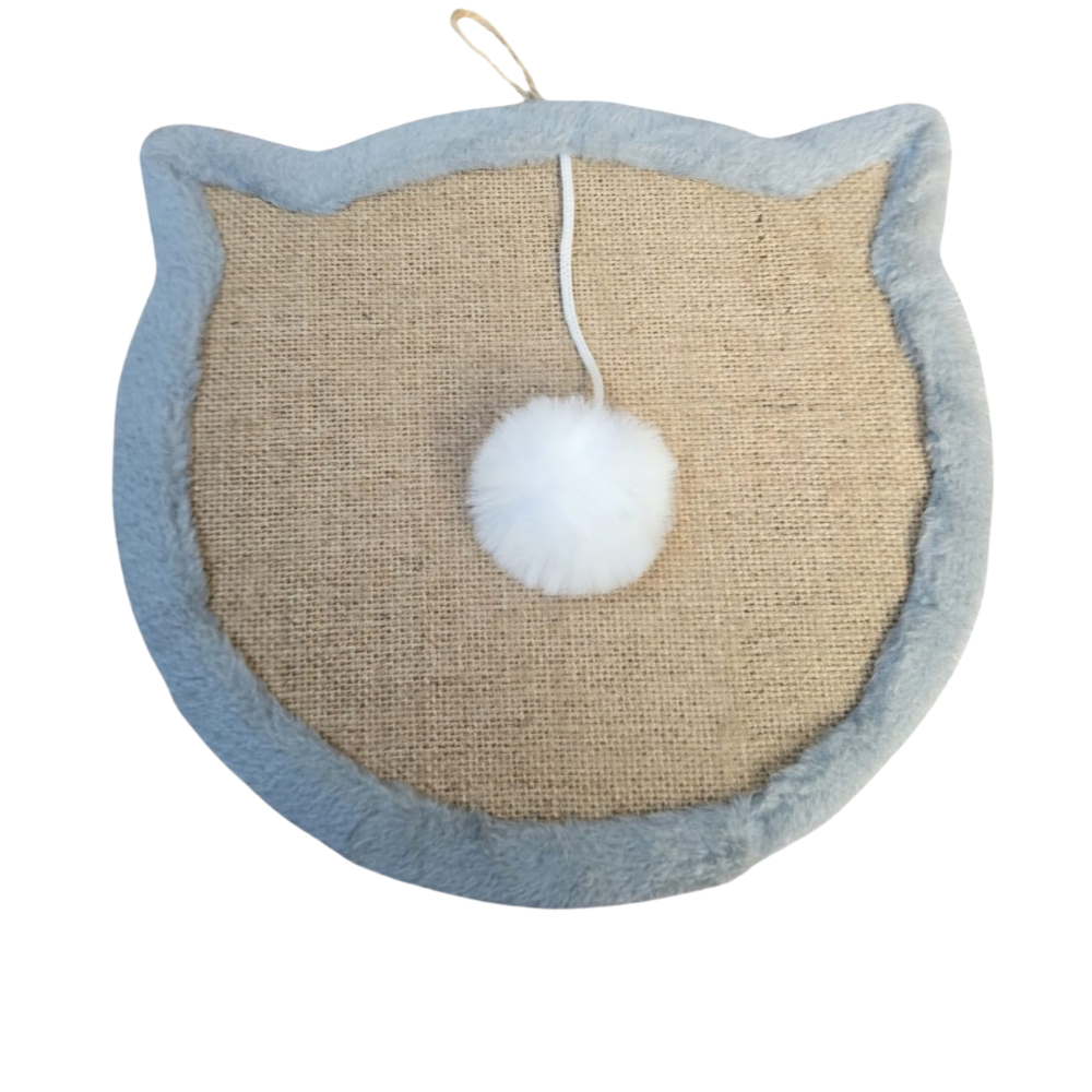 Cat-shaped scratching pad with a white pom-pom on a beige background