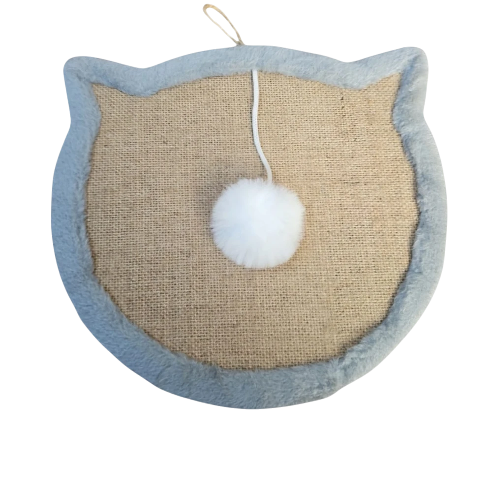 Cat-shaped scratching pad with a white pom-pom on a beige background