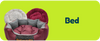 Pet bed with maroon, gray, and black colors on a green background with 'Bed' text.