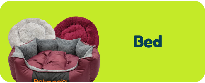 Pet bed with maroon, gray, and black colors on a green background with 'Bed' text.
