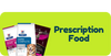 Dog food packages with a green banner labeled 'Prescription Food' on a white background