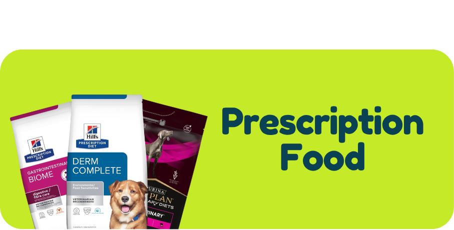 Dog food packages with a green banner labeled 'Prescription Food' on a white background