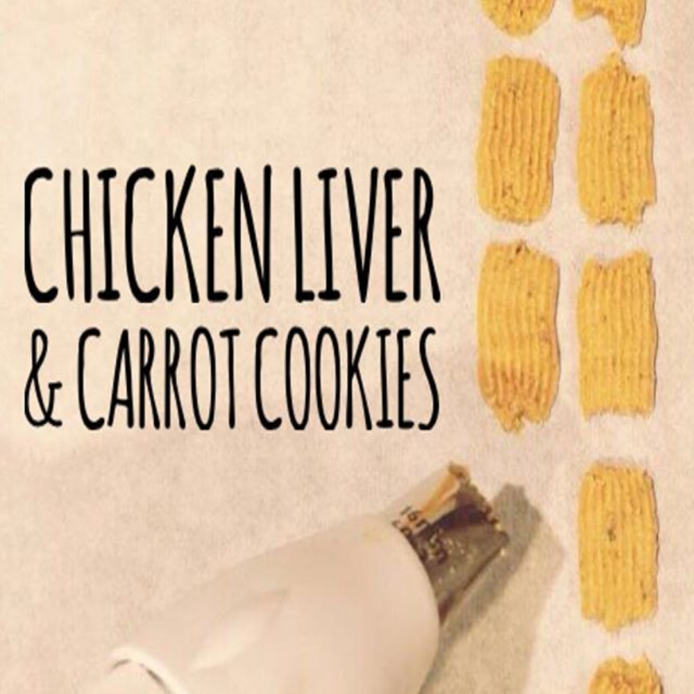 Text 'Chicken Liver & Carrot Cookies' with yellow cookie shapes on a beige background
