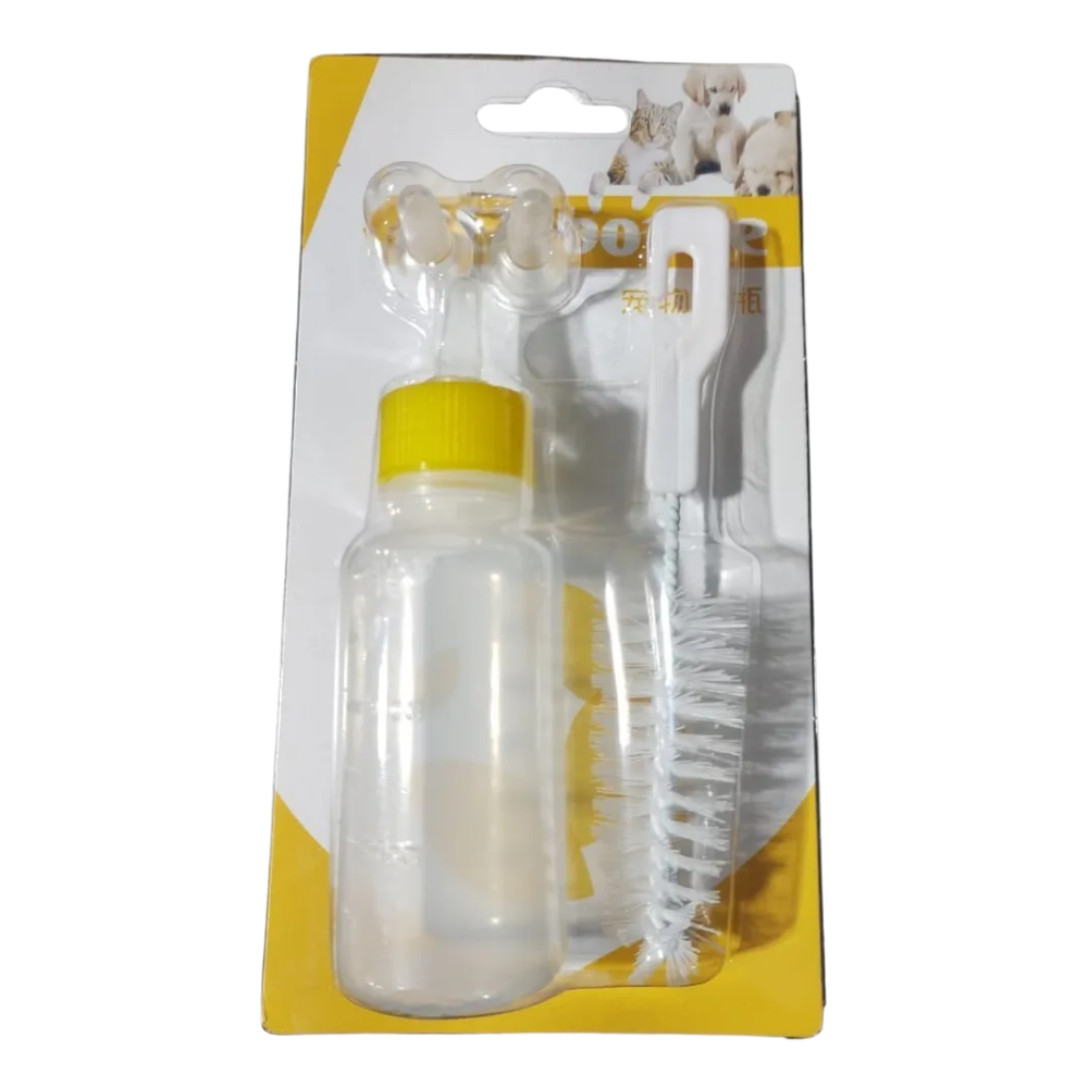 Pet bottle and brush set in packaging with yellow border