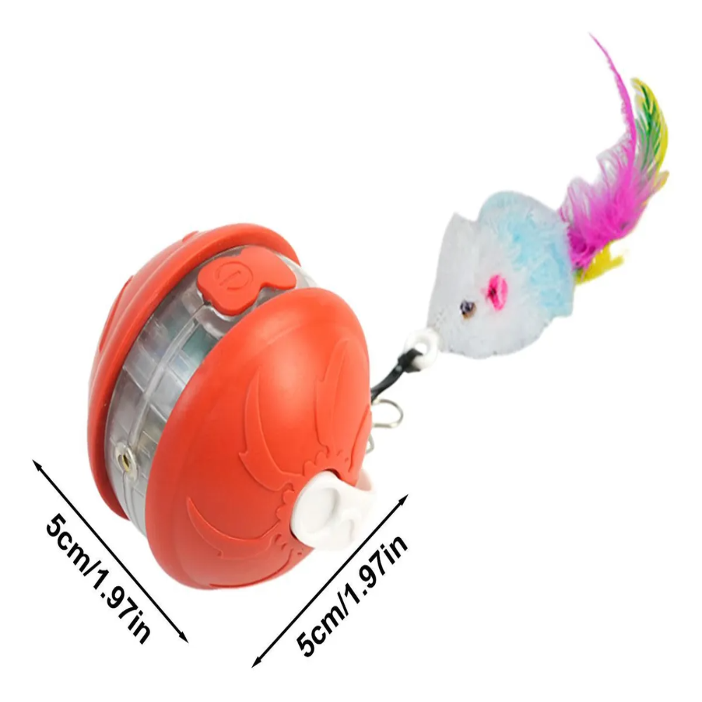 Orange toy with a small catnip mouse attached, showing dimensions on a white background.