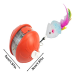 Orange toy with a small catnip mouse attached, showing dimensions on a white background.