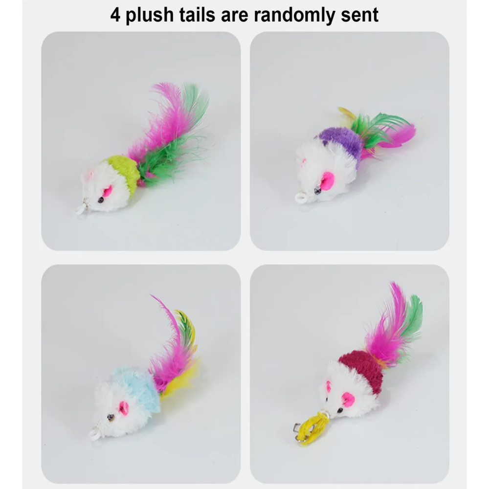 Four colorful plush tails with feathers on a white background