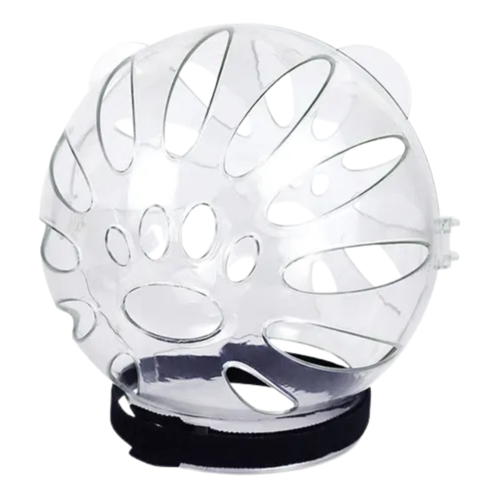 Clear plastic ball with black base on a white background