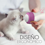 Person feeding a kitten from a pink and white bottle with 'Diseón Ergonómico' text.