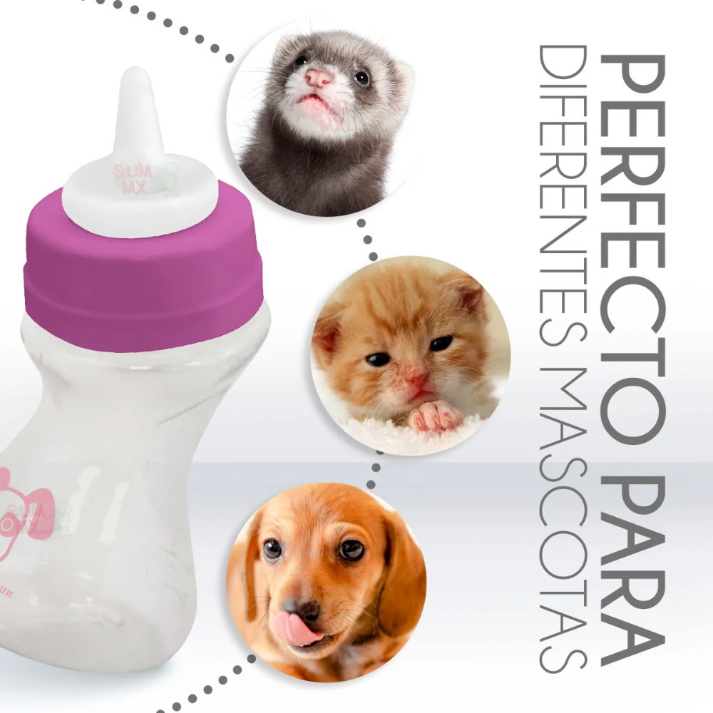 Pet bottle with purple cap and images of a ferret, kitten, and puppy on a white background.