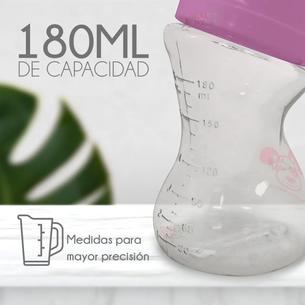 Bottle with measurement markings and a pink cap on a white background