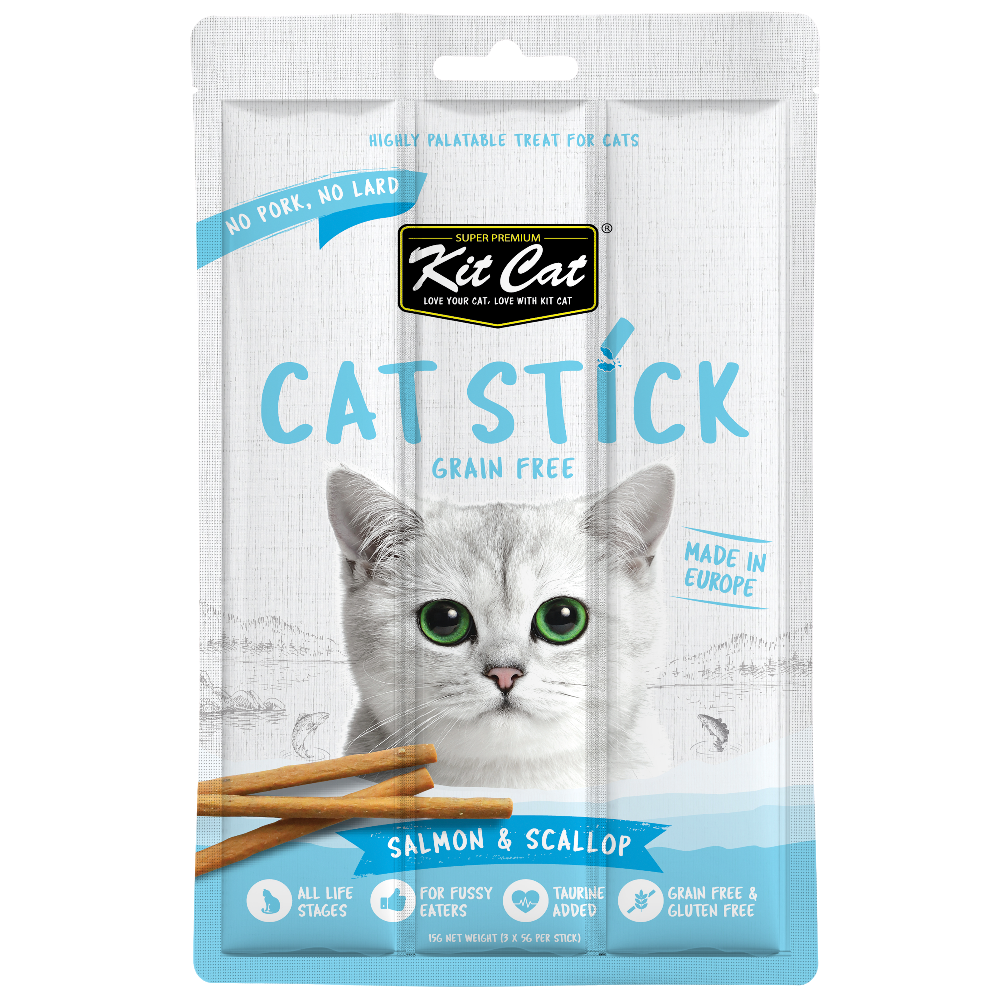 Kit Cat Cat Stick packaging with a cat on the front, featuring salmon and scallop flavor.