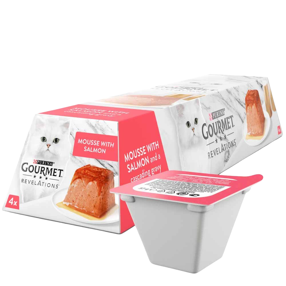 Packaging of Purina Gourmet Revelations cat food with a single portion on a white background