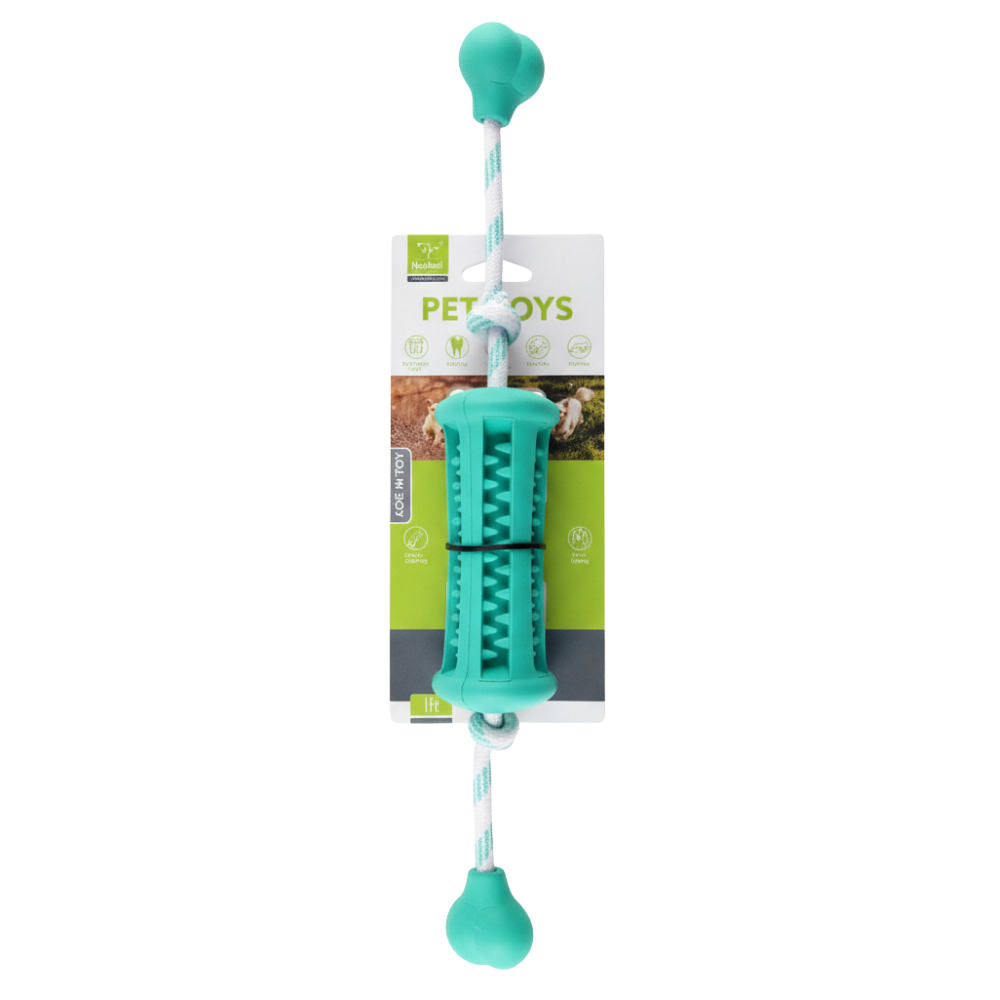 Teal dog toy with a handle on a white background