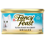 Can of Fancy Feast tuna feast in gravy for cats on a white background