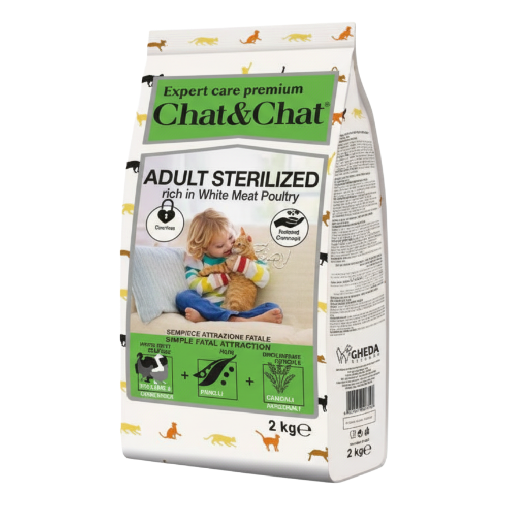 Bag of Chat & Chat adult sterilized cat food on a white background