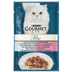 Purina Gourmet Perle cat food package with a white cat on a blue background