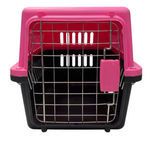 Pet carrier with pink top and black base on a white background