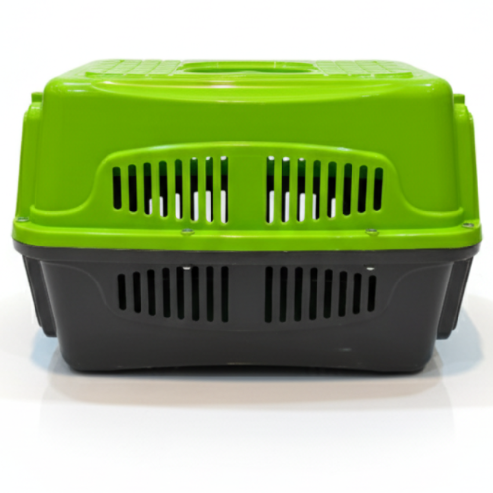 Green and black pet carrier on a white background