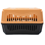 Pet carrier with orange top and black bottom on a white background