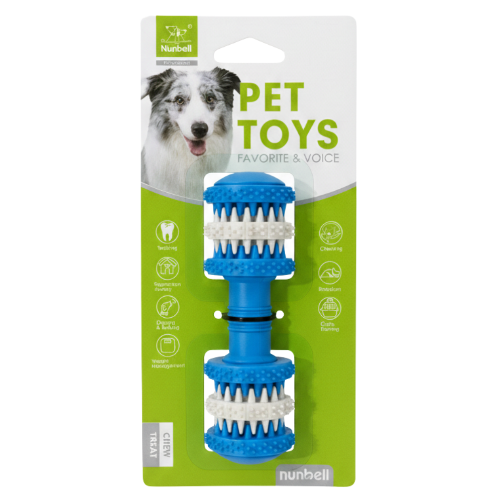 Blue pet toy with dental benefits on a green and white packaging