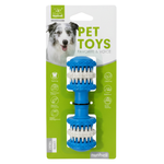 Blue pet toy with dental benefits on a green and white packaging