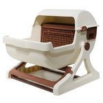 White and brown pet litter box with transparent lid on a white background
