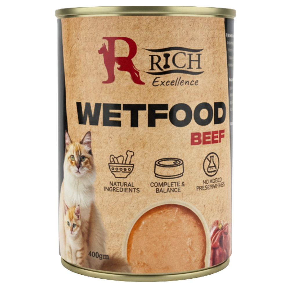 Can of Rich Excellence Wetfood Beef for cats on a white background