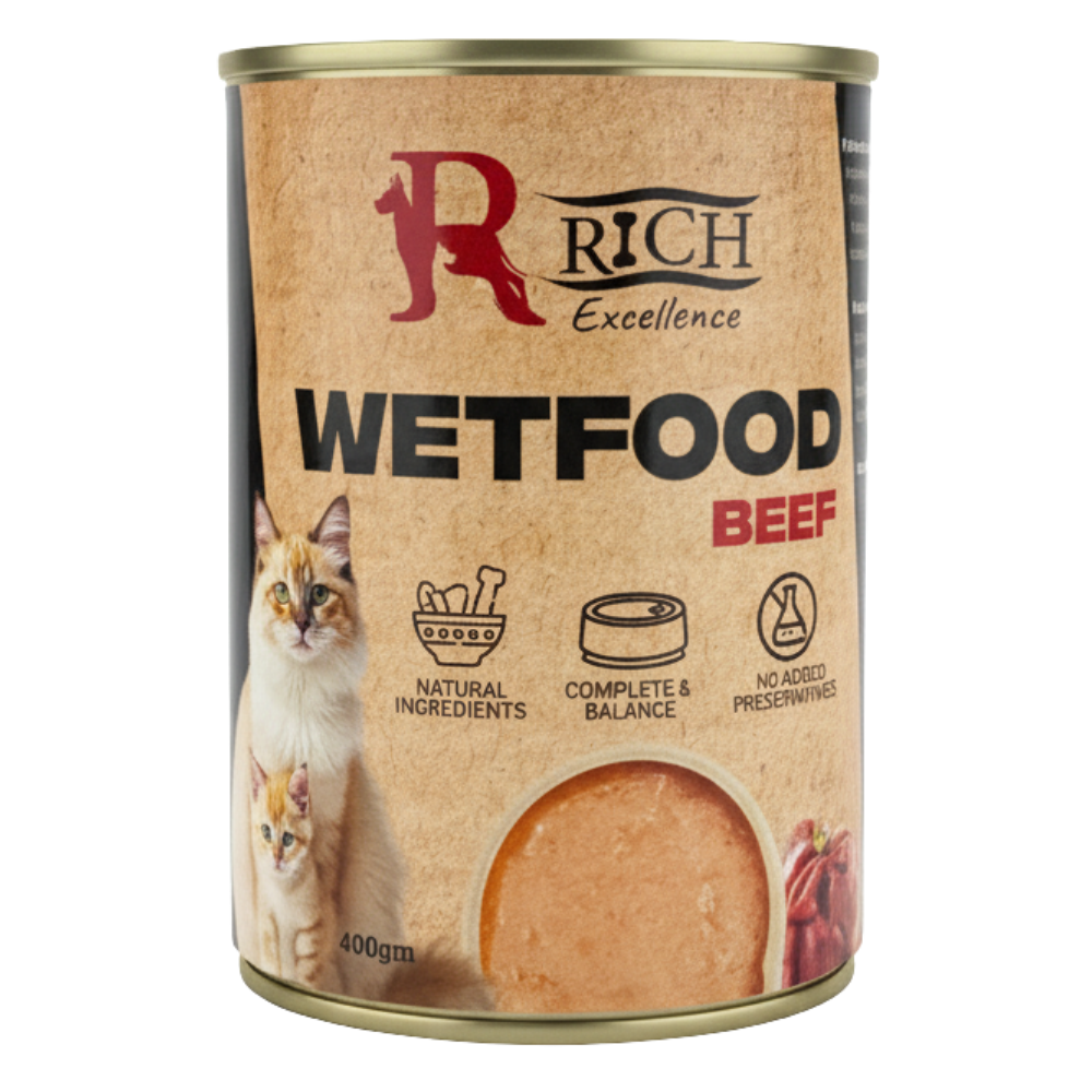 Can of Rich Excellence Wetfood Beef for cats on a white background