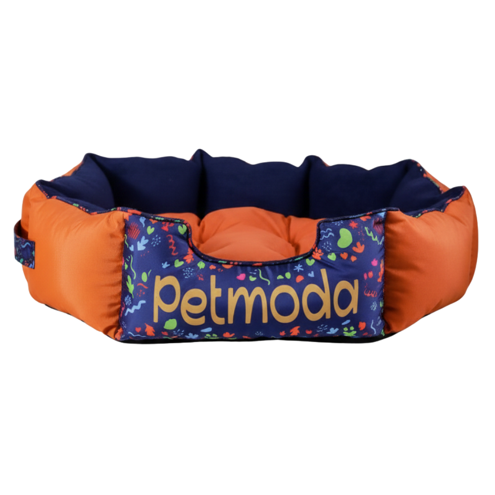 Pet bed with colorful design and 'petmoda' branding on a white background