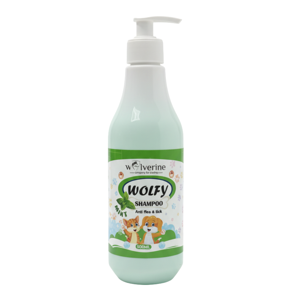 Shampoo bottle labeled 'Wolfy' with a pump on a white background