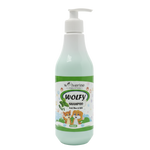 Shampoo bottle labeled 'Wolfy' with a pump on a white background
