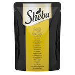 Sheba cat food pouch with yellow label and black packaging