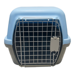 Pet carrier with blue top and gray bottom on a white background