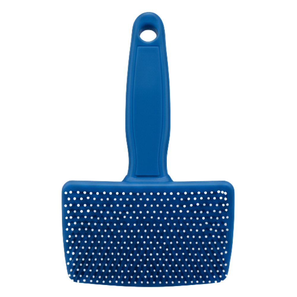 Blue pet grooming brush on a white background