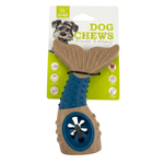 Dog chew toy with blue and brown design on a white background