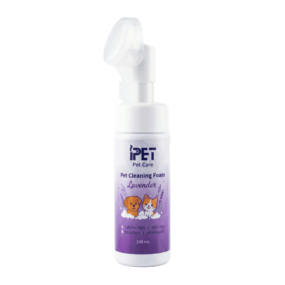 Pet cleaning foam bottle with lavender scent on a white background