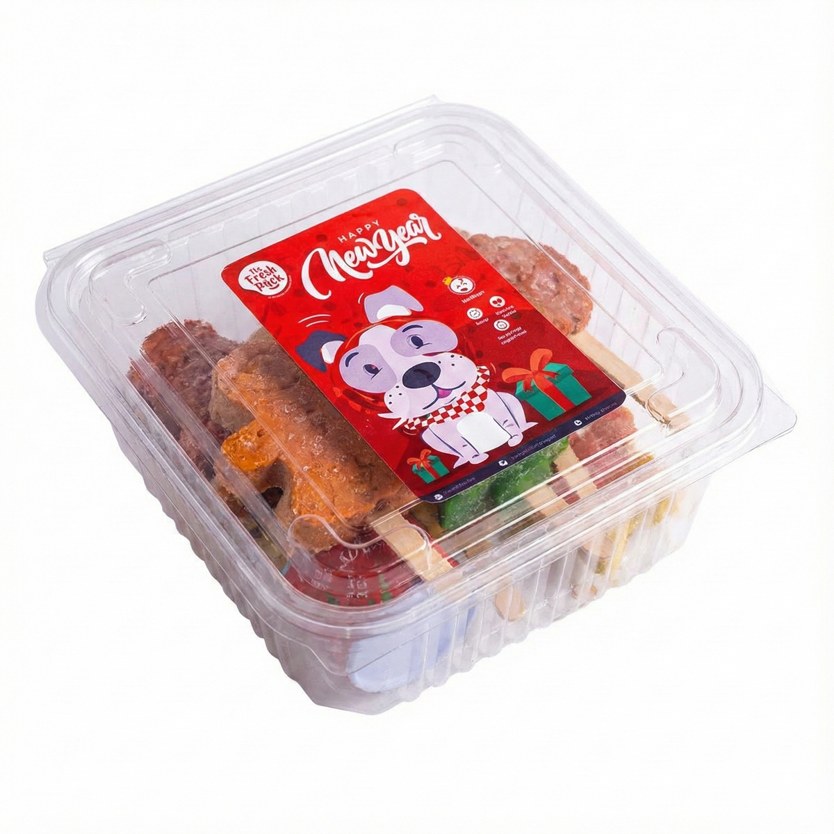 Packaged dog treats with a transparent lid on a white background