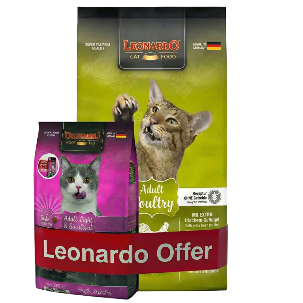 Two packages of Leonardo cat food on a white background
