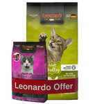 Two packages of Leonardo cat food on a white background
