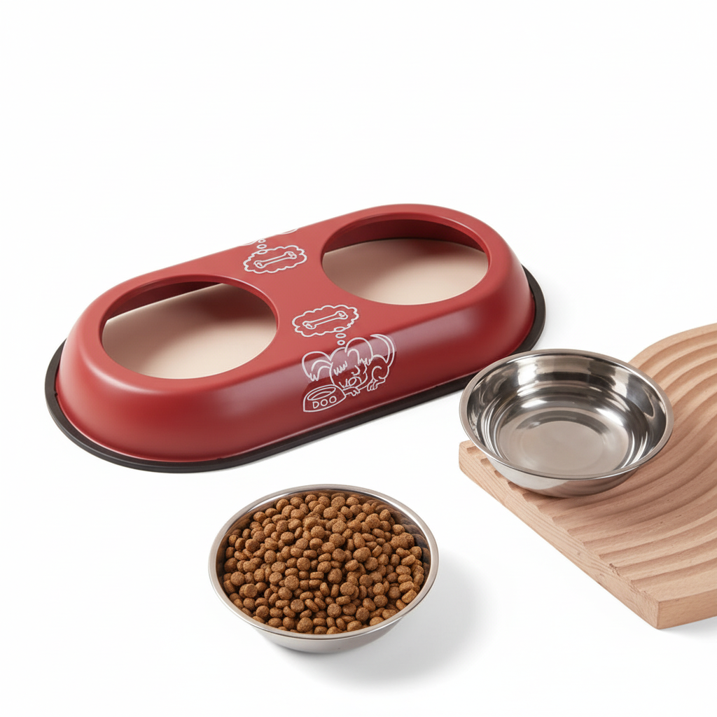 Red pet feeder with two metal bowls, one containing kibble, on a white background