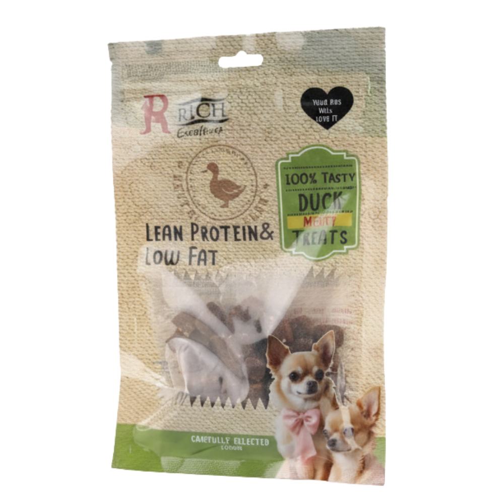 Package of duck meat treats for dogs with a dog and duck illustration on the label.