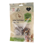 Package of duck meat treats for dogs with a dog and duck illustration on the label.